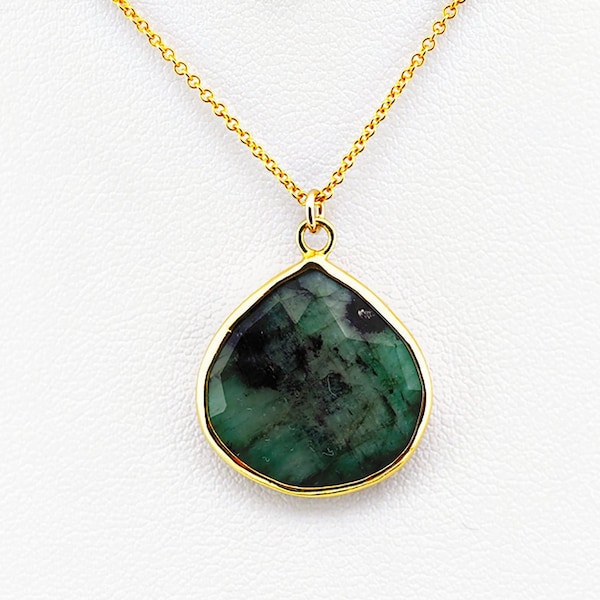 Raw Emerald Pendant Necklace, Gold-Filled May Birthstone