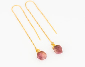 Long Raw Ruby Threader Earrings, Ruby Earrings Wedding, Ruby Birthstone Earring, Stone Drop, Bridesmaid Gift, Birthday Gift