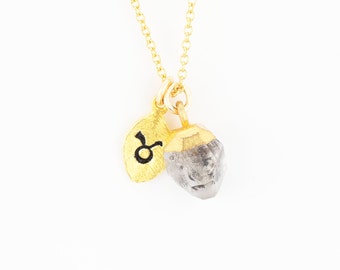 Taurus Necklace, Gold Zodiac Charm, Raw Herkimer Diamond