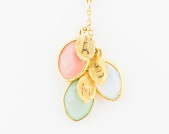 Family Birthstone Necklace – Personalized Initial Leaf Charm