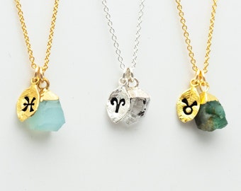 Raw Crystal Zodiac Necklace, Gold Silver Electroplated Birthstone