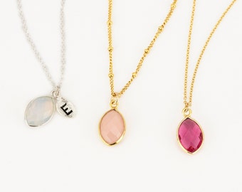 October Birthstone Necklace, Opalite, Pink Tourmaline, Initial Leaf