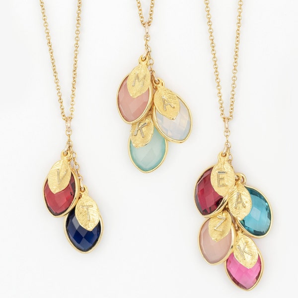 Family Birthstone Necklace, Personalized Initial Leaf Charm Necklace