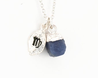 Sterling Silver Zodiac Necklace, Raw Sapphire Birthstone