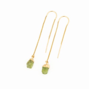 Raw Peridot Drop Earrings, August Birthstone Threader Earrings, Birthday Gift for Her, Raw Peridot Jewelry, Ear Threads, Tiny Crystals