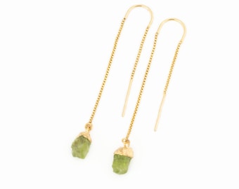 Raw Peridot Drop Earrings, August Birthstone Threader Earrings, Birthday Gift for Her, Raw Peridot Jewelry, Ear Threads, Tiny Crystals