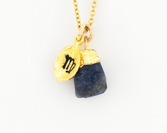 Raw Sapphire Virgo Necklace, Gold-Filled Zodiac Jewelry