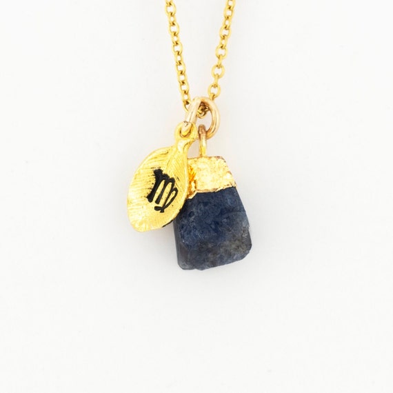 Raw Sapphire Virgo Necklace, Gold-Filled Zodiac Jewelry