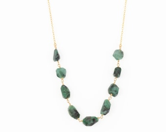 Raw Emerald Statement Necklace, Wire Wrapped Gemstone, May Birthstone