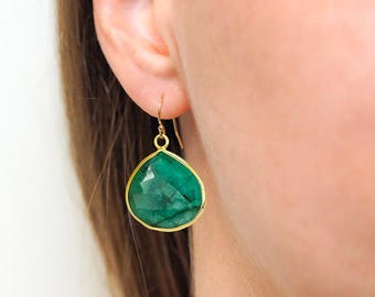 Raw Emerald Dangle Earrings, Sterling Silver or Gold Vermeil, May Birthstone