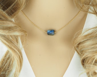 Raw Labradorite Choker: Sterling Silver or Gold Filled Chain