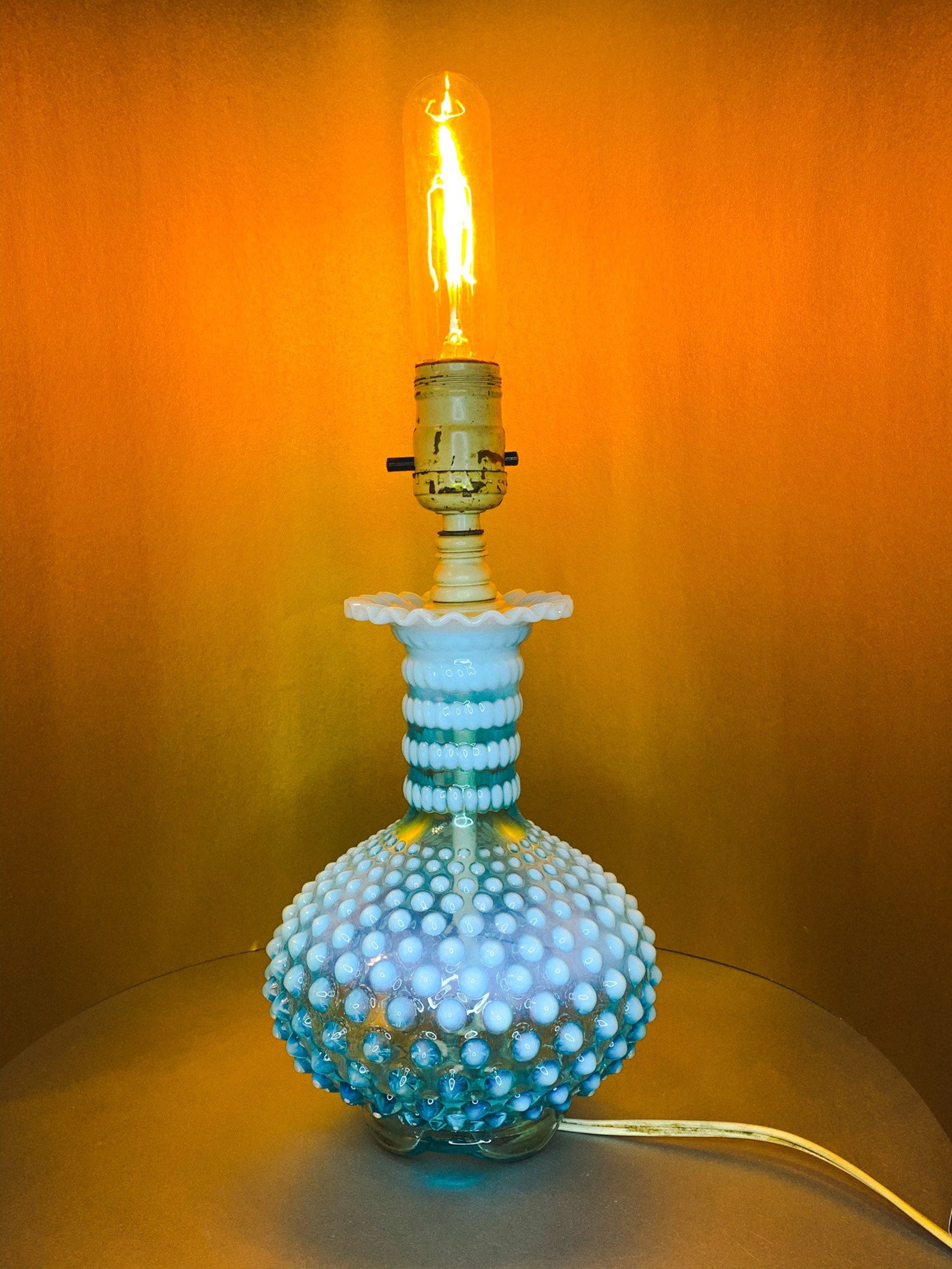 Striking Vintage Fenton Blue Opalescent Hobnail Glass Lamp Etsy
