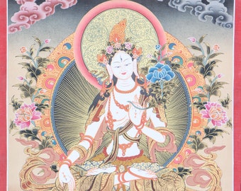 White Tara, the Goddess of Purity and Healing | Tibetan Thangka Art for Longevity | Handmade Artwork | Wall Decor
