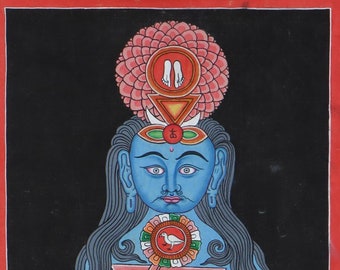 May include: A blue deity with a red and white flower crown, standing on a lotus base. The deity has a six-pointed star, a flower, and a snake on its body. The deity is surrounded by a black background.