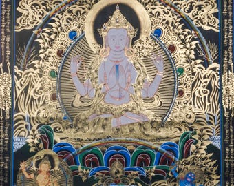 本物のチェンレジタンカ絵画 | 手作りチベットアート | 仏教の慈悲の