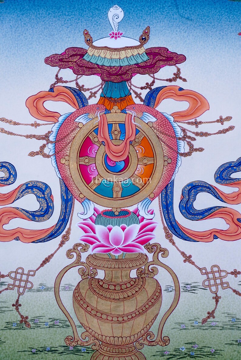 Ashtamangal eight Auspicious Symbols Tibetan Handmade Painting Buddhist