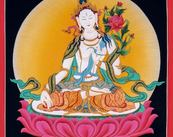 May include: A colorful painting of a deity sitting in a lotus position on a pink lotus flower. The deity is wearing a white and green robe and has a crown on their head. The background is black with a yellow halo around the deity.