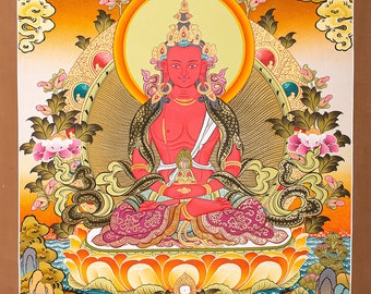 Handmade Art of Amitayus | Buddhist Thangka Painting | Spiritual tool for meditation and religious practice | Wall Decor