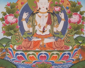 Chenrezig Thangka - Handmade Tibetan Art, Compassionate Buddha Painting for Meditation & Spiritual Healing