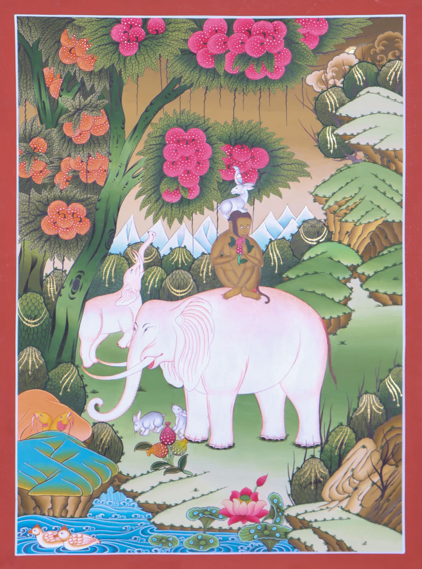 4人の友人のタンカ画 | 猿、象、鳥の伝統的なチベット絵画 | 団結の