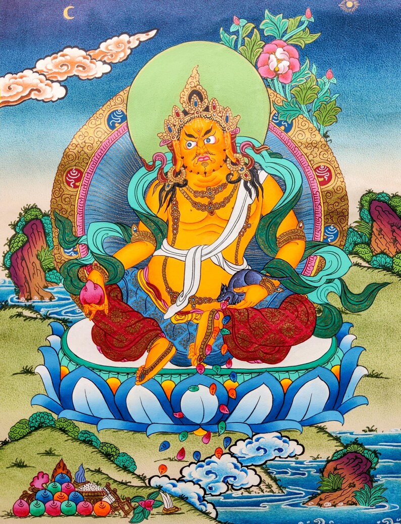 Handmade Thangka Painting of Zambala God of Wealth Tibetan Artwork for