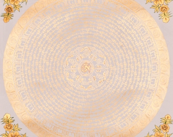 White & Gold Mantra Mandala Handcrafted Thangka Painting Traditional Tibetan Artwork Home Decor