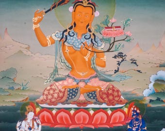 Handgemaakte Tibetaanse manjushree thangka | Boeddha van wijsheid en helderheid | Traditionele wanddecoratie