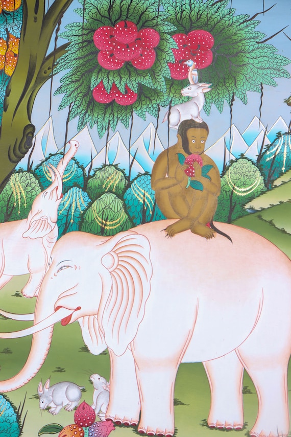 4人の友人のタンカ画 | 猿、象、鳥の伝統的なチベット絵画 | 団結の