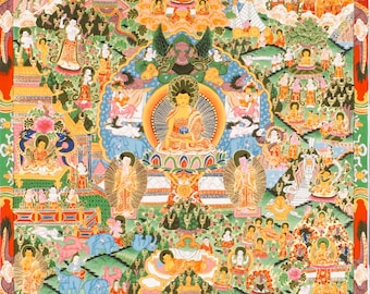 Può includere: Un dipinto buddista tibetano colorato che rappresenta la vita di Buddha. Il dipinto mostra scene della vita di Buddha, tra cui la sua nascita, l'illuminazione e la morte. Il dipinto è pieno di dettagli intricati e colori vivaci.