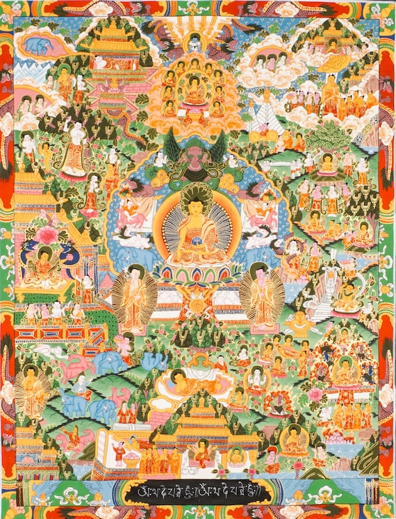 仏陀の生涯タンカ聖なる壁画チベット仏教美術作品釈迦牟尼仏陀物語