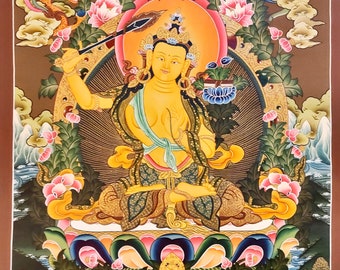 Manjughosa Manjushri Thangka | Buddhist | Handmade Handpainted Tibetan Thanka on Cotton Canvas - Bodhisattva in Mahayana Buddhism literature