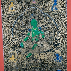 Green Tara Thangka- The Bodhisattva of Compassion| Authentic Tibetan Artwork For Meditational Altar | Wall Decor