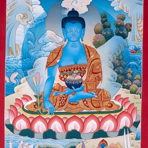 Medizinbuddha Thangka- Der Buddha der Heilung| Handgefertigte tibetische Darstellung der buddhistischen Gottheit | Wohndekor