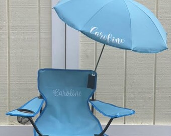 Personalized Embroidered Kids Camp Beach Chair w Umbrella and Bag | First Birthday Gift | Lawn Chair | Hot Pink | Royal Blue | Aqua | Purple