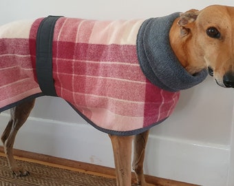 checks in burgundy and pink...winter coat for a greyhound in vintage wool blanket and fleece