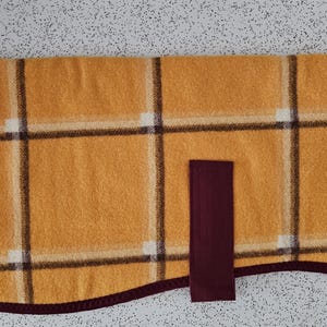 simple checks in saffron and brown...winter coat for a S-M greyhound in vintage wool blanket and fleece