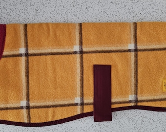 simple checks in saffron and brown...winter coat for a S-M greyhound in vintage wool blanket and fleece
