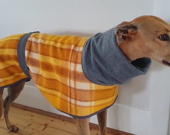 checks in mustard yellows...winter coat for a greyhound in vintage wool blanket and polar fleece