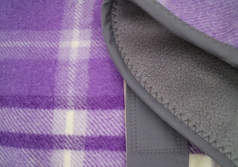 checks in purple and cream...winter coat for a whippet in vintage wool blanket and polar fleece