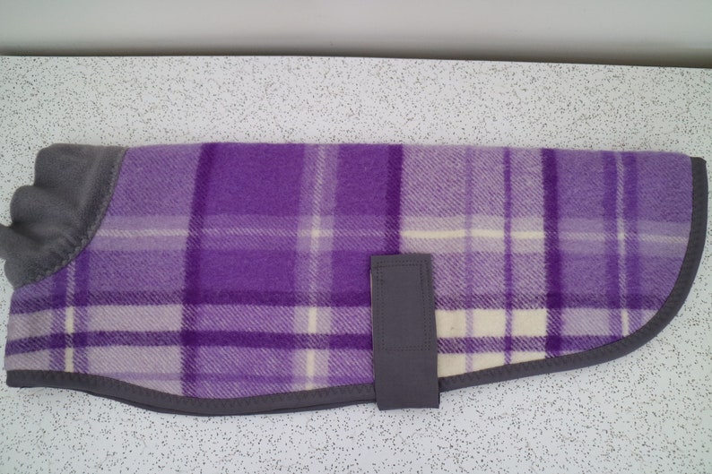 checks in purple and cream...winter coat for a whippet in vintage wool blanket and polar fleece