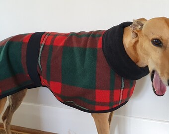 tartan checks in red and green...winter coat for a greyhound in vintage wool blanket and fleece