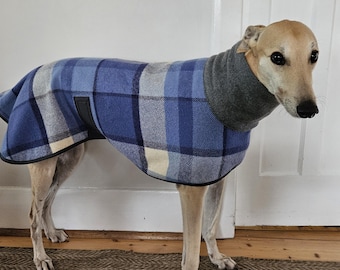 plaid checks in navy and sky blue...winter coat for a L greyhound in vintage wool blanket and fleece
