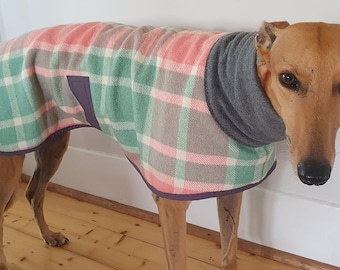 checks in pink and sage green...winter coat for a greyhound in vintage wool blend blanket and polar fleece