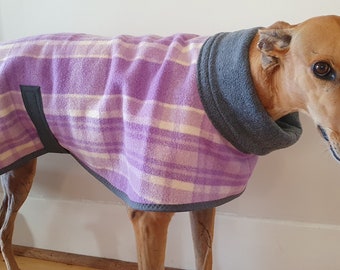 plaid checks in purple and cream...winter coat for a greyhound in vintage wool blanket and fleece