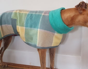 regular checks in pastel blues and yellow...winter coat for a greyhound in vintage wool blanket and fleece