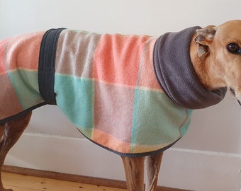 checks in aqua, pink and lemon...winter coat for a greyhound in vintage wool blanket and fleece