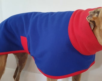 royal blue and red...autumn or spring coat for a greyhound in fleece lined interlock knit