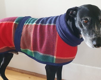 big regular checks in red, blue and green...winter coat for a medium sized dog in vintage wool blanket and fleece