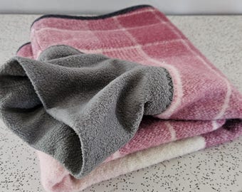 checks in shades of burgundy and pink...winter coat for a M whippet in vintage wool blanket and fleece