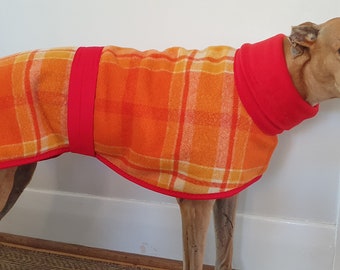 checks in orange and yellow...winter coat for a greyhound in vintage wool blanket and fleece